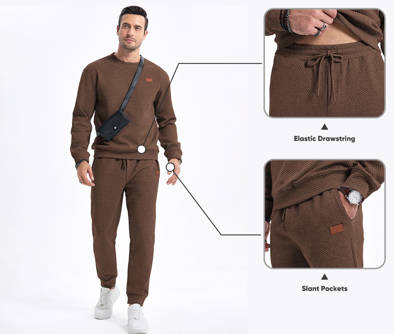 JMIERR Knit Jacquard Sweatsuits for Men Set 2 Piece Outfits Long Sleeve Pullover Sweatshirt & Running Joggers Sweatpants, Fall Tracksuit Matching Lounge Sets, L, Coffee