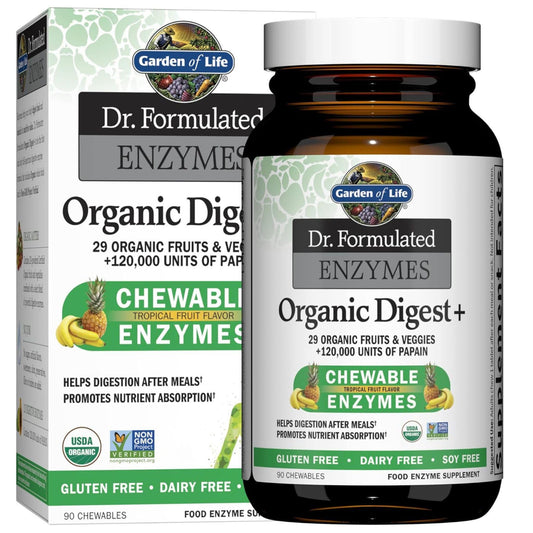 Garden of Life Dr Formulated Digestive Enzymes with Papain, Bromelain, Lipase for Digestion & Nutrient Absorption – Organic Digest+ - Vegan, Gluten-Free, Non-GMO, Tropical Fruit Flavor, 90 Chewables