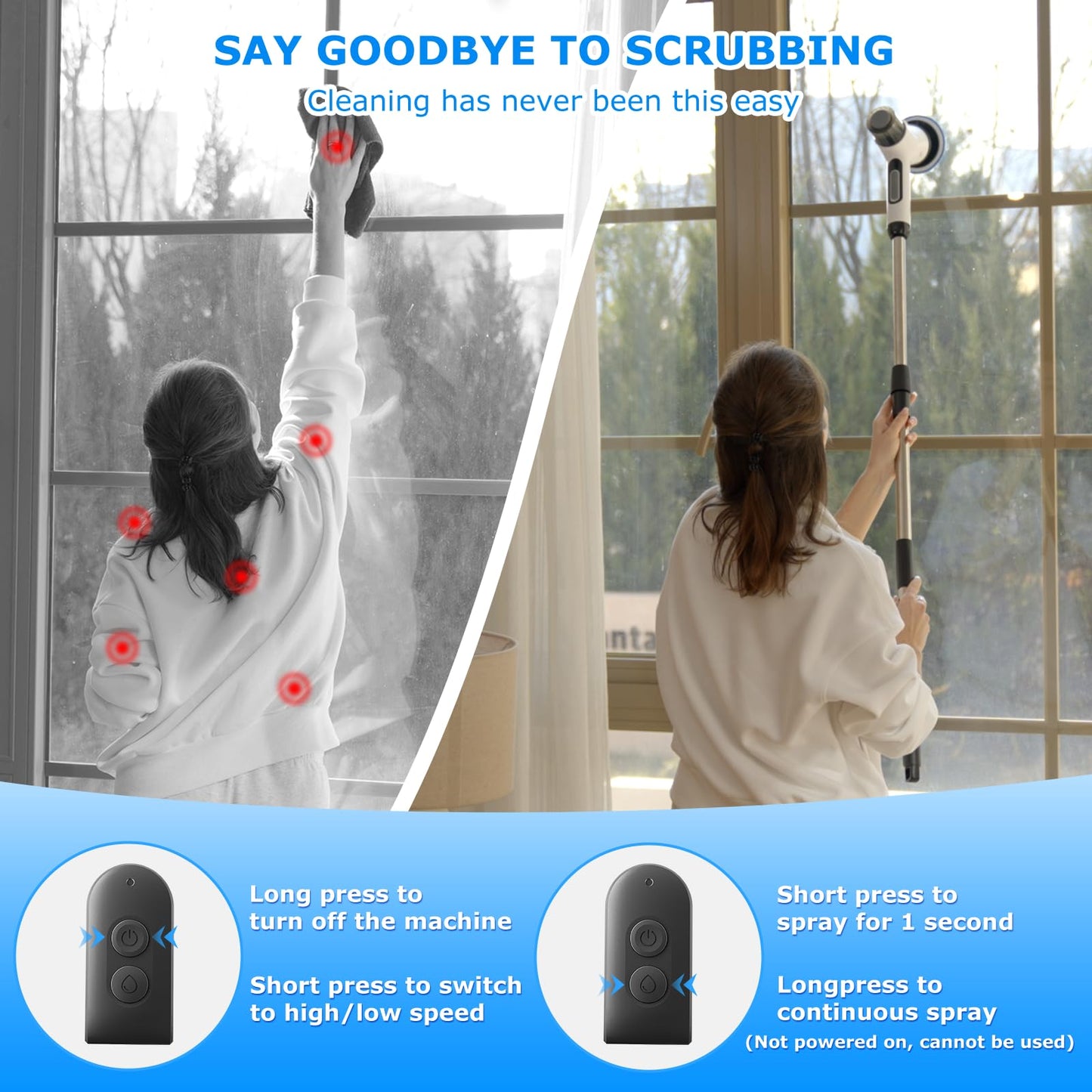 Wikihhome Electric Spin Scrubber,Cordless 2 Speeds Shower Scrubber with Foam &Remote Control,IPX7 Waterproof Adjustable Electric Scrubber for Cleaning with 7 Replaceable Brush for Bathroom Kitchen Car