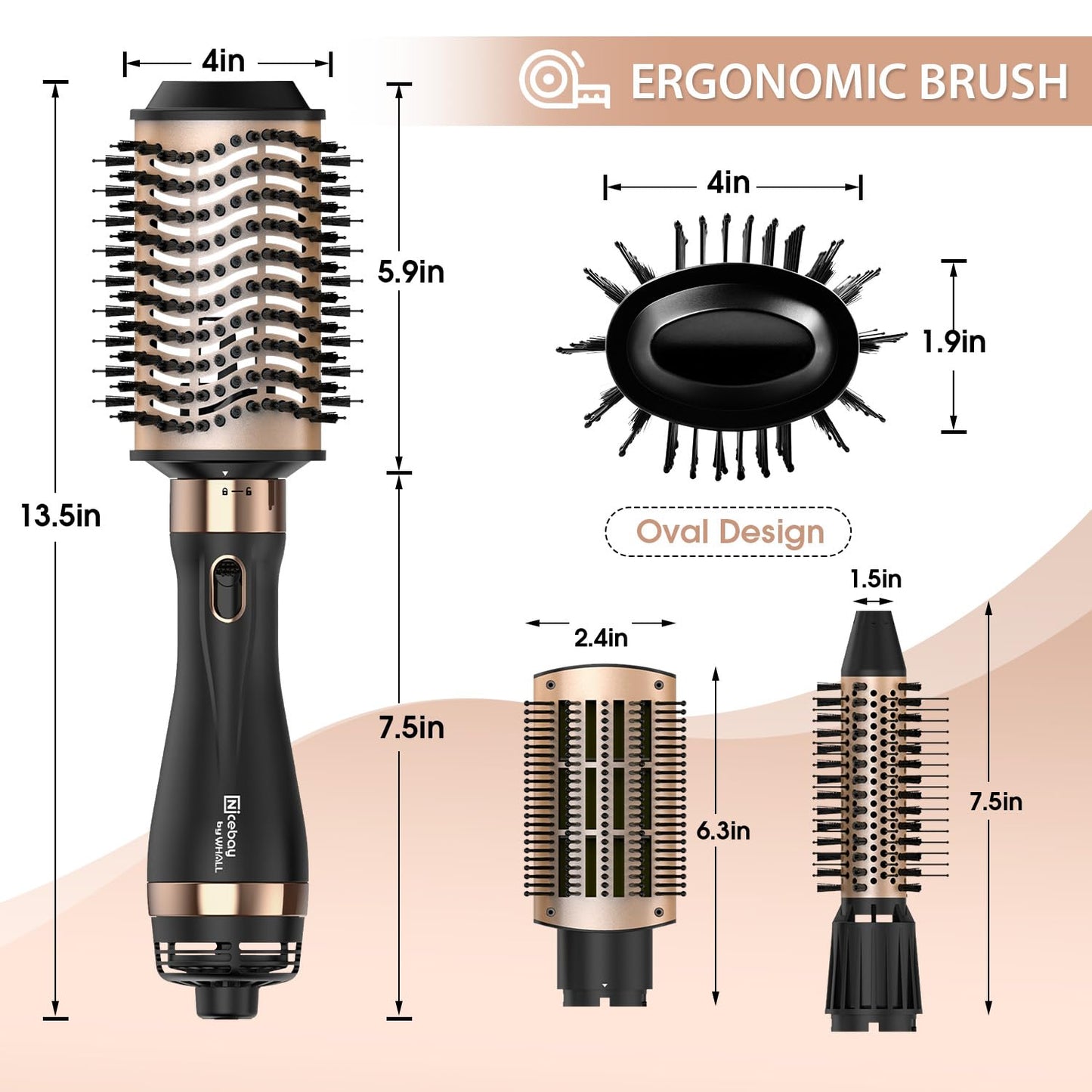 Nicebay Hair Dryer Brush Blow Dryer Brush in One, Hot Air Brush Set for Straightening/Drying/Curling, Oval Brush, Multi-Temperature Settings, Detachable Design for Women