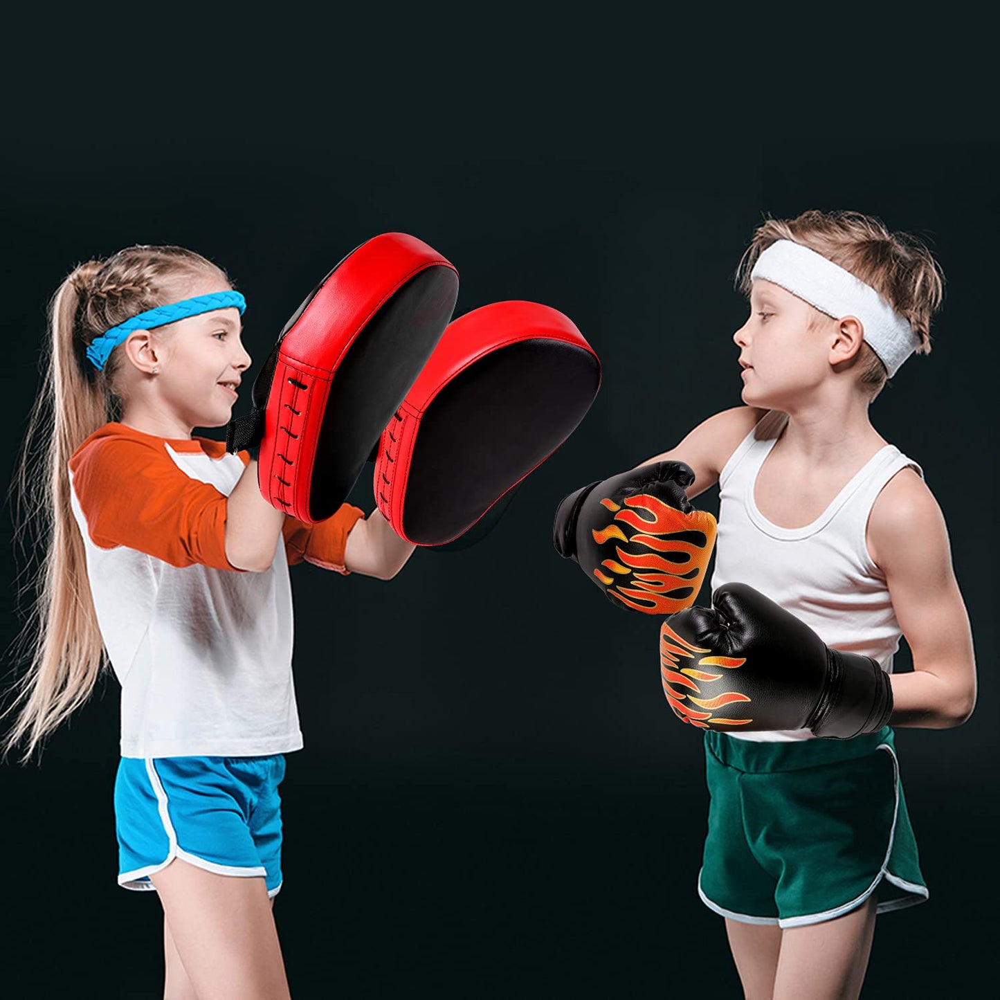 Odoland 3-in-1 Kids Youth Boxing Set - Punching Mitts, Kick Pads, Gloves for Boxing, Kickboxing, Karate, Muay Thai, MMA Training