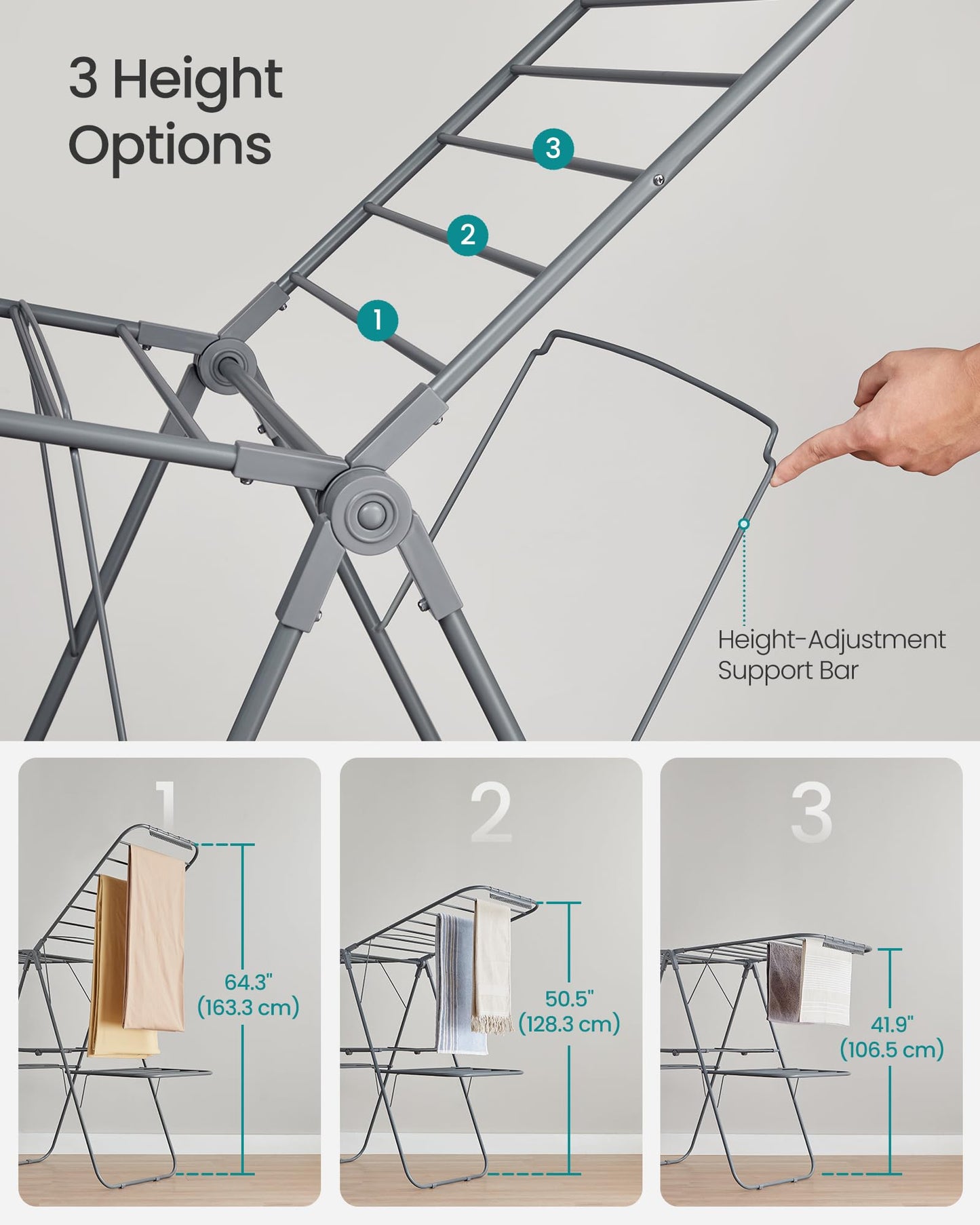 SONGMICS Clothes Drying Rack, Foldable 2-Level Laundry Drying Rack, Free-Standing Laundry Airer, with Height-Adjustable Wings, 33 Drying Rails, Sock Clips, Gray ULLR053G02V1