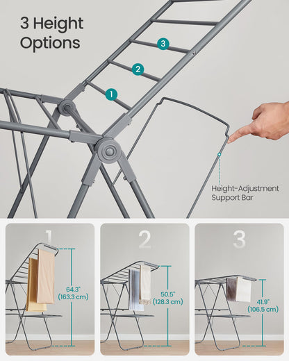 SONGMICS Clothes Drying Rack, Foldable 2-Level Laundry Drying Rack, Free-Standing Laundry Airer, with Height-Adjustable Wings, 33 Drying Rails, Sock Clips, Gray ULLR053G02V1