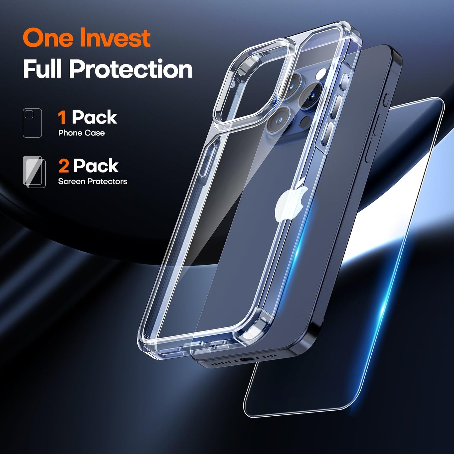 TAURI 3 in 1 for iPhone 15 Pro Max Case Clear, [Not Yellowing] with 2X Screen Protector, [15 FT Military-Grade Protection] Shockproof Case for 15 Pro Max 6.7 inch