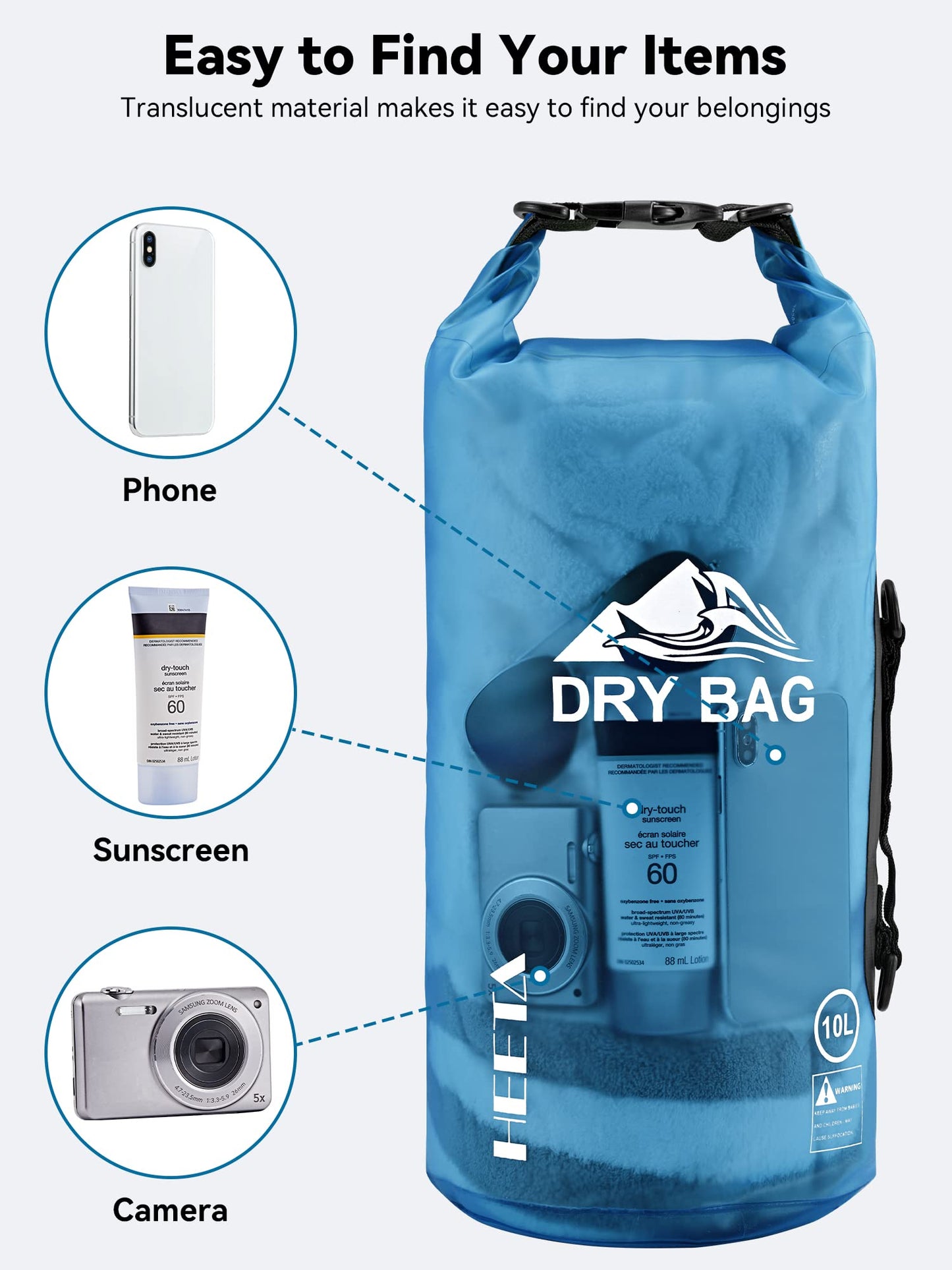 HEETA Dry Bag Waterproof for Women Men, Roll Top Lightweight Dry Storage Bag Backpack with Phone Case for Travel, Swimming, Boating, Kayaking, Camping and Beach (Transparent Blue, 5L)
