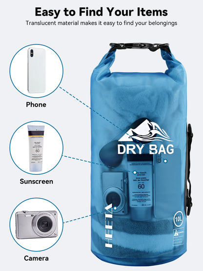 HEETA Dry Bag Waterproof for Women Men, Roll Top Lightweight Dry Storage Bag Backpack with Phone Case for Travel, Swimming, Boating, Kayaking, Camping and Beach (Transparent Blue, 5L)