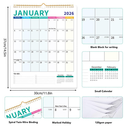 Wall Calendar 2026-2027, 18 Month Calendar from January 2026 to June 2027 14.5" x 11.8" Large Desk Calendar with Twin-Wire Binding for Home Office Planning Personal Organisers, Colorful Block
