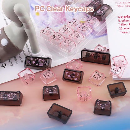 TYRIXKI 26 Keys Crystal Jelly Personalized Keycaps, PC Material Cute Black Pink Cat Transparent Custom Keycaps, Mao Profile Keycap for DIY MX Swithes Mechanical Keyboards