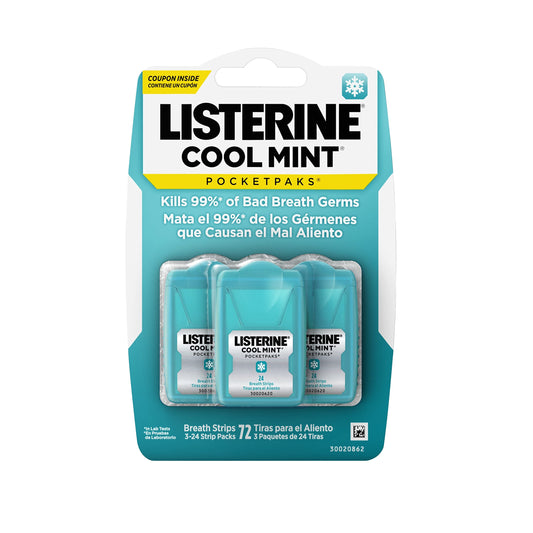 Listerine Cool Mint Pocketpaks Breath Strips Kills Bad Breath Germs, 24-Strip Pack, 3 Pack