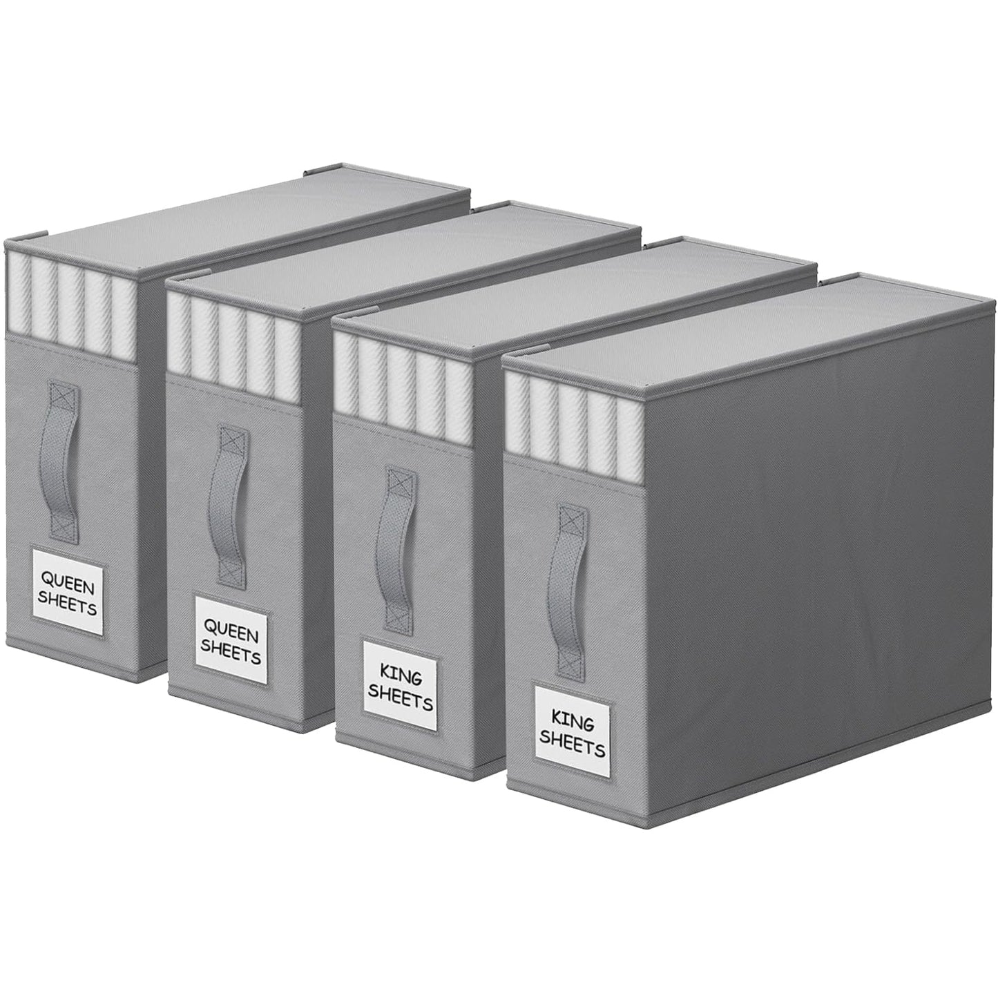 StorageTastic 4 Pack Bed Sheet Closet Organizers and Storage,Sturdy Foldable Storage Containers with Window and Label,Storage and Organization for Bedding Sheets,Duvet Covers,Blankets (Grey)