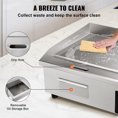 VEVOR Commercial Electric Griddle, 22", 1600W Countertop Flat Top Griddle, Stainless Steel Teppanyaki Grill w/Iron Cooking Plate, 122-572℉ Adjustable Temp Control 2 Shovels & Brushes, 110V
