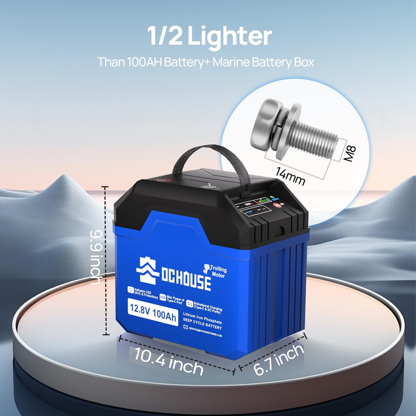 DC HOUSE 12V 100Ah Portable Lithium Battery, Upgraded 2.0 Lifepo4 Battery with SOC Light, Trolling Motor Marine Battery with USB-A, DC, USB-C Ports, Built-in 100A BMS, Up to 15000 Cycles