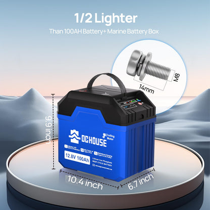 DC HOUSE 12V 100Ah Portable Lithium Battery, Upgraded 2.0 Lifepo4 Battery with SOC Light, Trolling Motor Marine Battery with USB-A, DC, USB-C Ports, Built-in 100A BMS, Up to 15000 Cycles