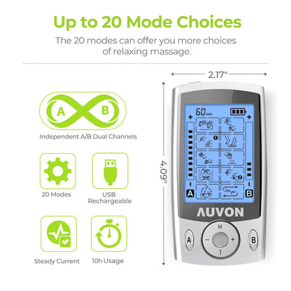 AUVON Dual Channel TENS Unit Muscle Stimulator Machine with 20 Modes, 2" and 2"x4" TENS Unit Electrode Pads