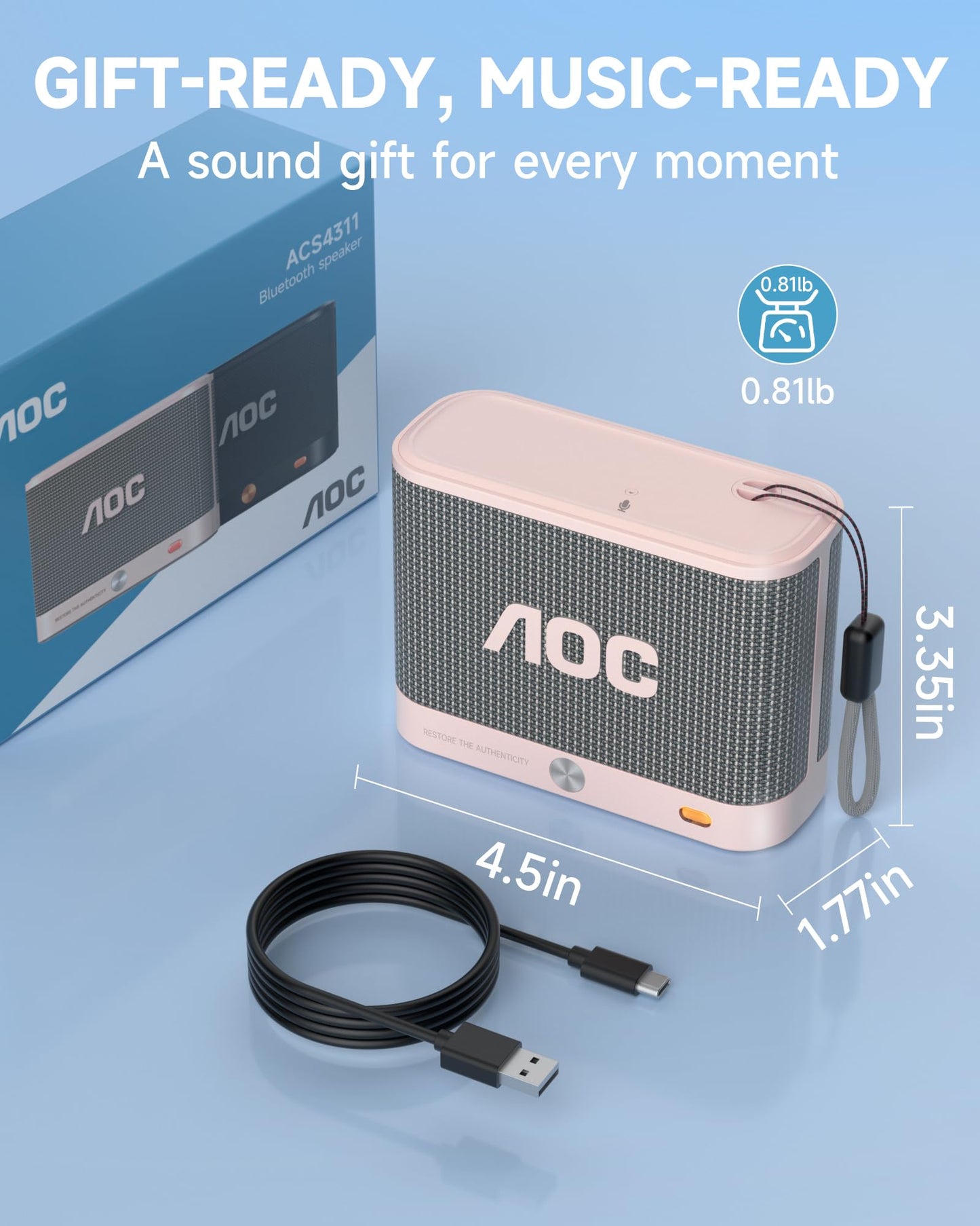 AOC Portable Bluetooth Speaker, Shower Speaker, BT 5.4 with Wireless Stereo Pairing, BassUp, IP67 Waterproof, Dustproof, 30-Hour Playtime, Compact Small for Home, Outdoors, Travel, White