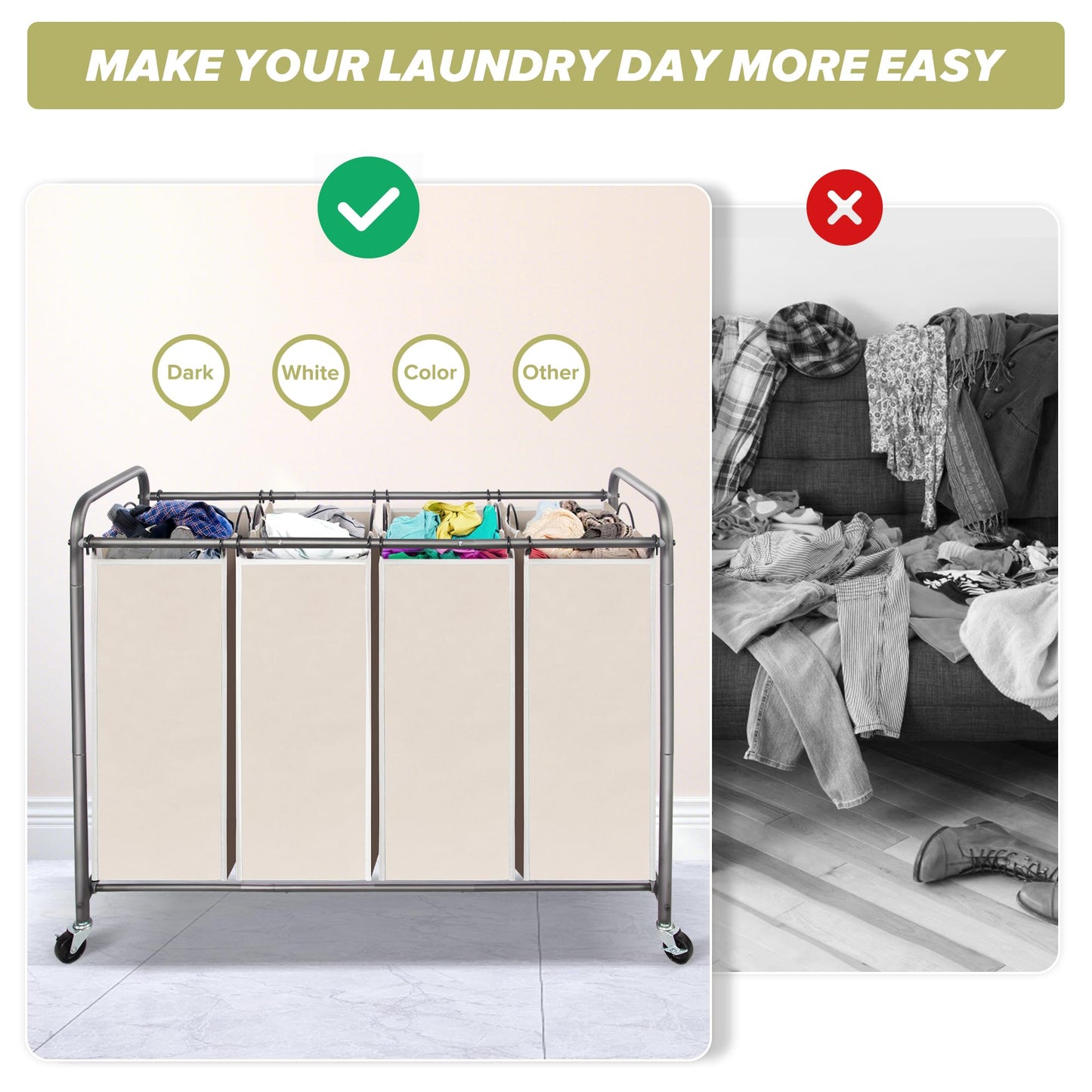STORAGEIDEAS Laundry Sorter Hamper with Wheels, Heavy-Duty Laundry Sorter Rolling Cart, Lockable Wheels and Removable Bags, 4 Sections, Beige