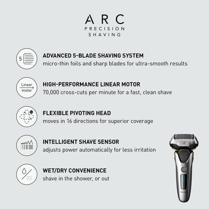 Panasonic ARC5 Electric Razor for Men with Pop-up Trimmer, Wet Dry 5-Blade Electric Shaver with Intelligent Shave Sensor and 16D Flexible Pivoting Head - ES-ALV6HS (Silver)