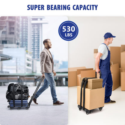 KEDSUM Folding Hand Truck with 6 Wheels(2 with Brake), 530 LBS Heavy Duty Collapsible Dolly Cart, Car Seat Dolly with 2 Lashing Straps for Airport, Travel, Moving, No Assembly Required, Black