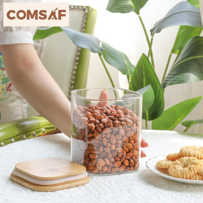 ComSaf Glass Food Storage Containers Set, 3 Pcs Airtight Clear Food Jars with Lids, Square Stackable Kitchen Canisters, Glass Jars for Spaghetti Pasta, Spice, Sugar, Candy, Tea, and Coffee Beans