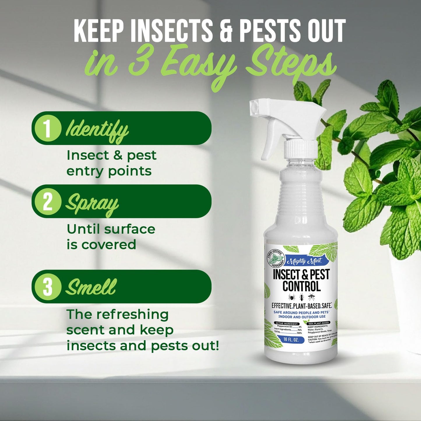 Mighty Mint Peppermint Oil Insect Repellent Spray – Indoor & Outdoor Bug Control for Spiders, Ants, Roaches, and More – Plant-Based, Extra-Strong Formula - 16 oz