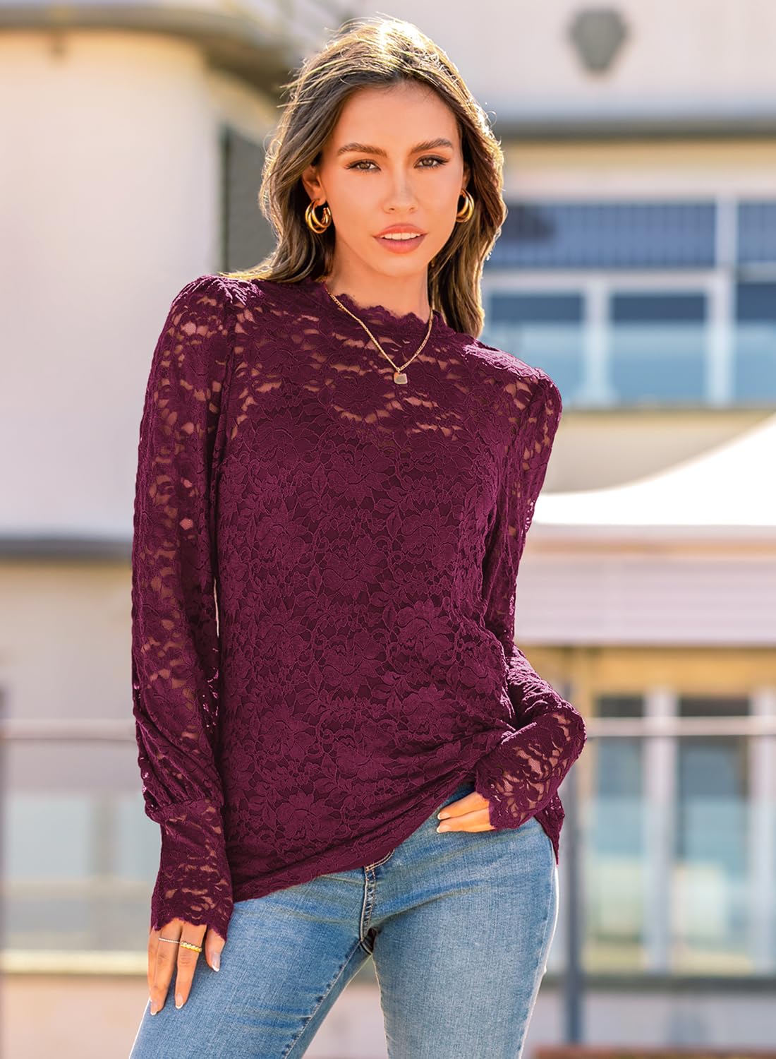 DOROSE Tops for Women Sexy Lace Mesh Puff Long Sleeve Blouses Shirts Wine Red S