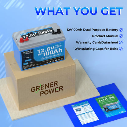GrenerPower 12.8V100Ah Group 31 Dual Purpose LiFePO4 Battery, Built-in 200A BMS, IP66 Waterproof, and Max. 900A Marine Cranking Starting Lithium Battery, Up to 4P4S for Outboard Motors, Boat, RV, Home