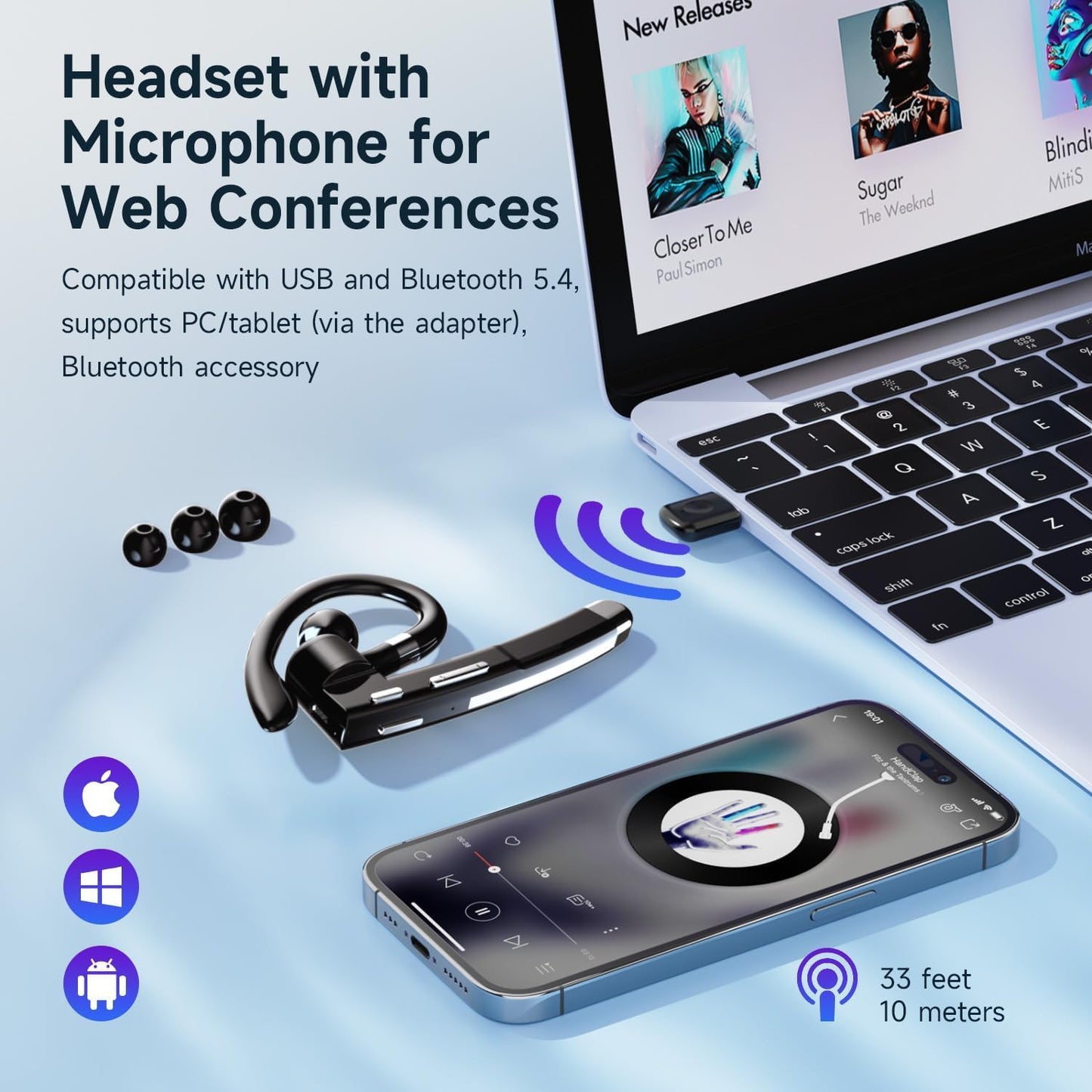 Bluetooth Headset V6.1,Single-Ear Wireless Headset with USB Dongle, 10H Talk Time and 4H Playtime via USB, Dual-Mic Noise Canceling Earpiece for Computer/Cell Phones, Driving Headset for Trucker Work