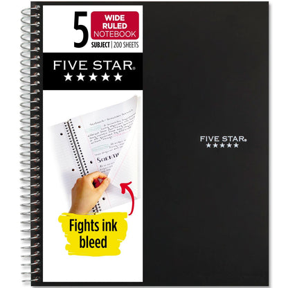 Five Star Spiral Notebook, 5 Subject, Wide Ruled Paper, Fights Ink Bleed, Water Resistant Cover, 8" x 10-1/2", 200 Sheets, Black (72045)