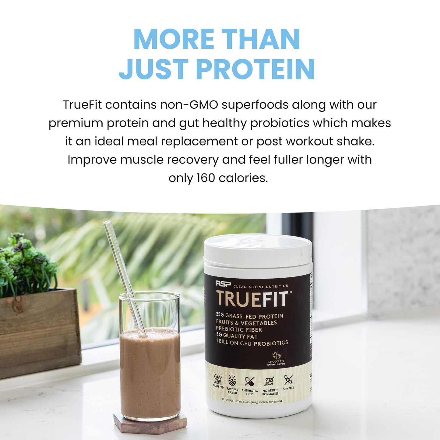 TrueFit High Fiber Protein Powder, Grass-Fed Whey Meal Replacement Shake with Prebiotics, Probiotics, & Organic Superfoods, Keto Friendly, Gluten Free