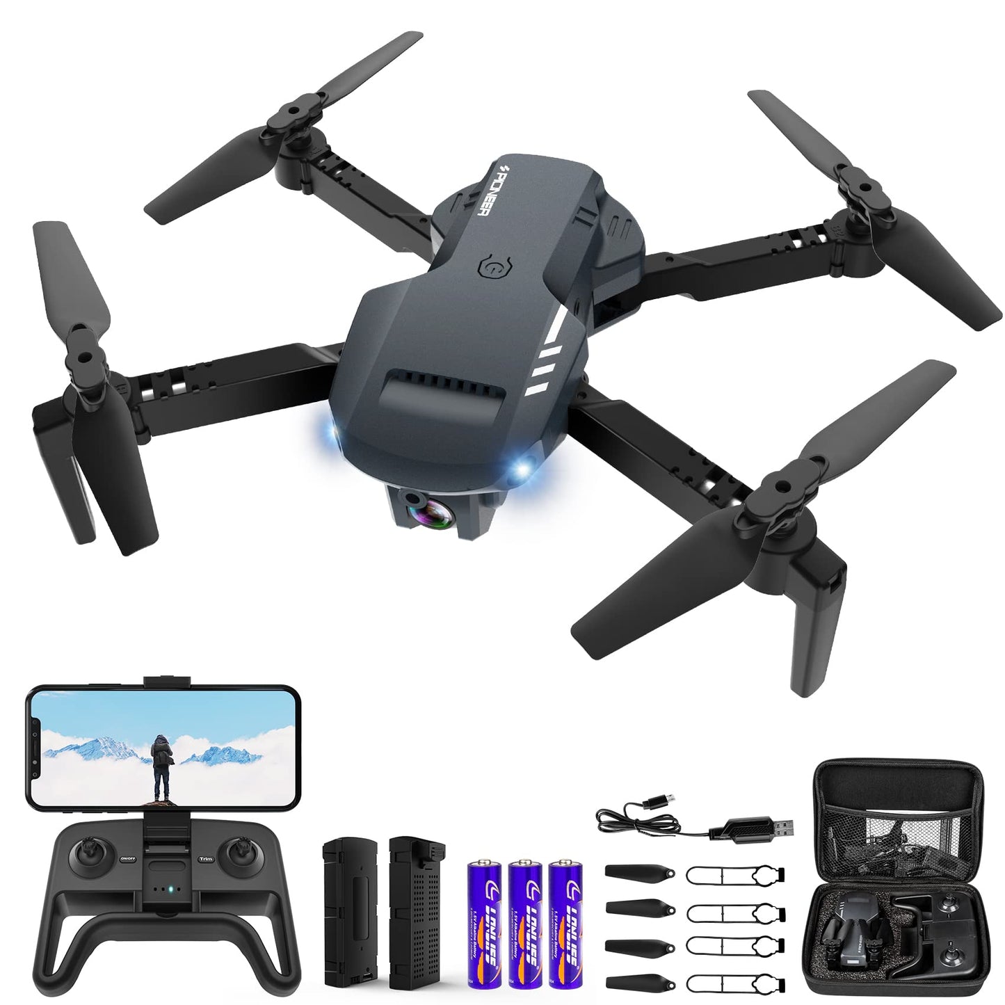 Mini Drone with Camera - 1080P HD FPV Foldable Drone with Carrying Case, 2 Batteries, 90° Adjustable Lens, One Key Take Off/Land, Altitude Hold, 360° Flip, Toys Gifts for Adults, beginner