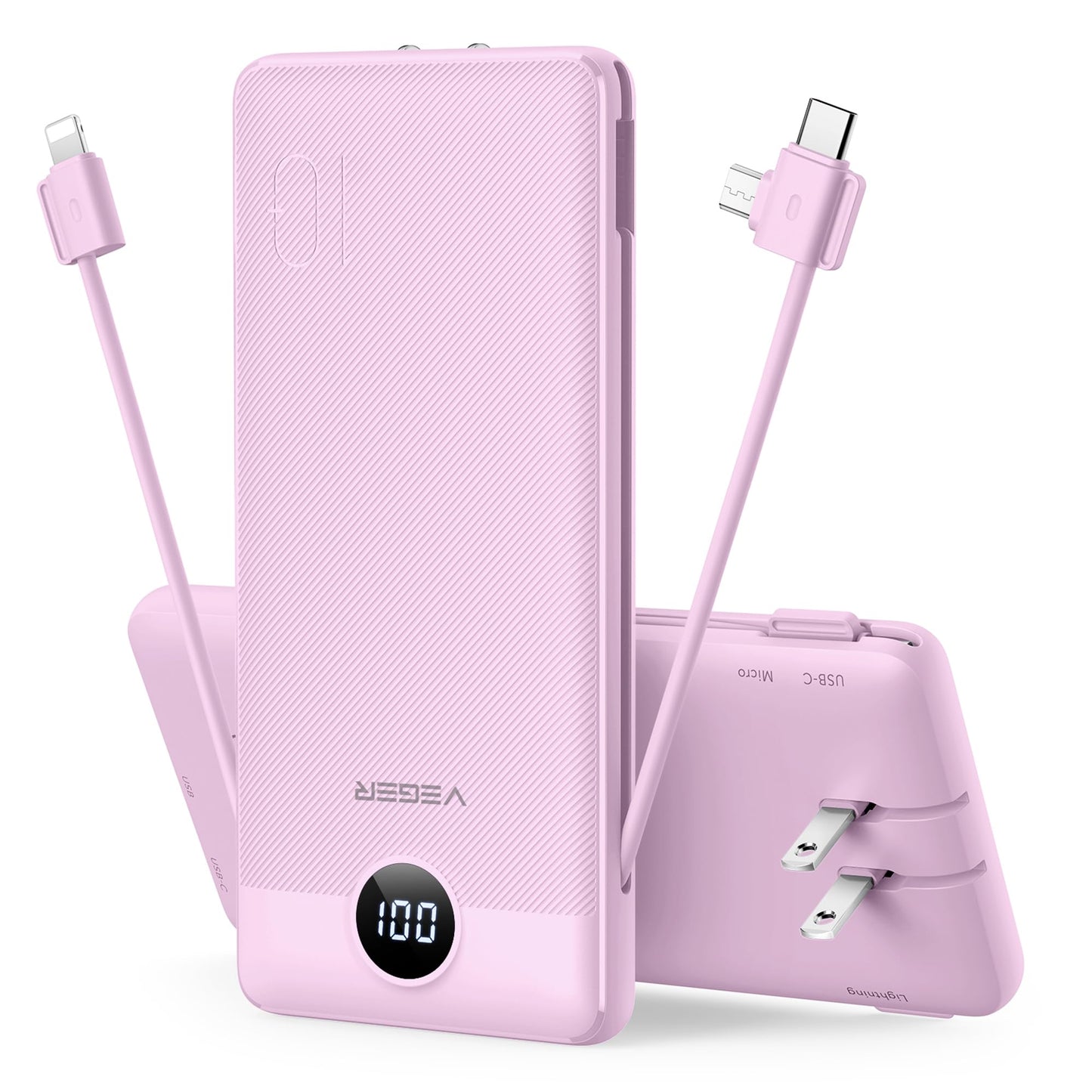 VEGER Portable Charger with Built-in AC Plug and Cables, All in One 10000mAh Ultra Slim Power Bank Travel Essentials, 15W Fast Charging Battery Pack Compatible with iPhone, Samsung, Android (Purple)