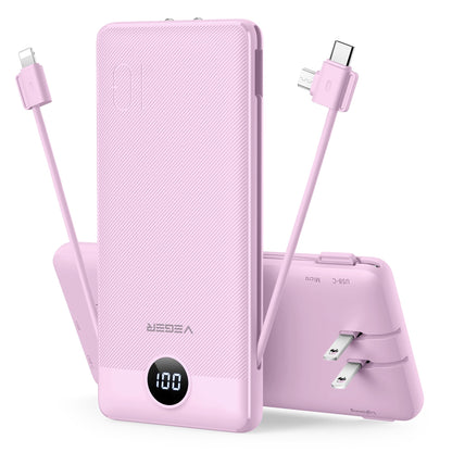 VEGER Portable Charger with Built-in AC Plug and Cables, All in One 10000mAh Ultra Slim Power Bank Travel Essentials, 15W Fast Charging Battery Pack Compatible with iPhone, Samsung, Android (Purple)