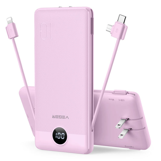 VEGER Portable Charger with Built-in AC Plug and Cables, All in One 10000mAh Ultra Slim Power Bank Travel Essentials, 15W Fast Charging Battery Pack Compatible with iPhone, Samsung, Android (Purple)