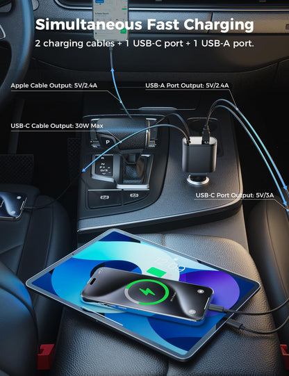 [Upgraded] SUPERONE Retractable Car Charger 4 in 1, Fast Car Phone Charger with Cord 2.6ft, USB C and Apple Car Adapter, Compatible with iPhone 17 16 15/15 Pro Max/14/13/12/11, Galaxy, Pixel