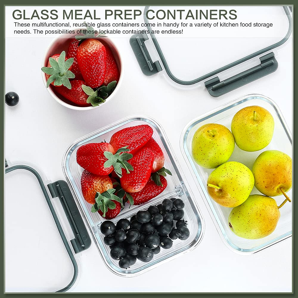 KOMUEE 10 Packs 30 oz Glass Meal Prep Containers,Glass Food Storage Containers with Lids,Airtight Glass Lunch Bento Boxes,Microwave,Freezer and Dishwasher,Gray