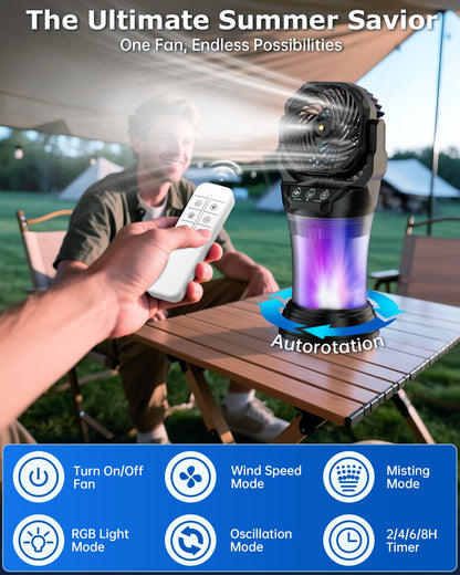 Ocikry Misting Fan, Portable Misting Fan with 2L Water Tank, 30000mAh Battery, 180° Adjustable, 4 Speeds & 4 Mist Modes (Continuous/3S/5S/7S),4 LED Base Lights Remote Control for Outdoor Patio Camping