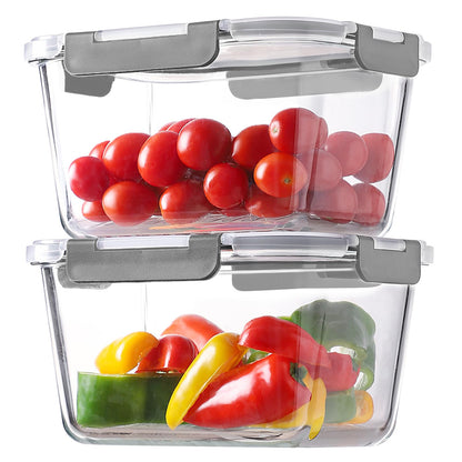 HOMBERKING 4 Pieces 63oz/8cup Large Glass Food Storage Containers with Lids, Meal Prep Containers, Airtight Bento Boxes with Leak Proof Locking (2 Containers 2 Lids), Microwave,Oven,Fridge Safe-Grey
