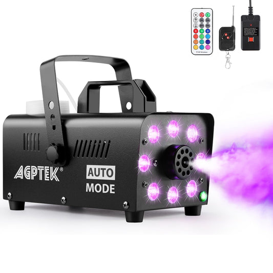 AGPTEK Smoke Machine, Fog Machine with 13 Colorful LED Lights Effect, 500W and 2000CFM Fog with 1 Wired Receiver and 2 Wireless Remote Controls, Perfect for Wedding, Halloween, Party and Stage Effect