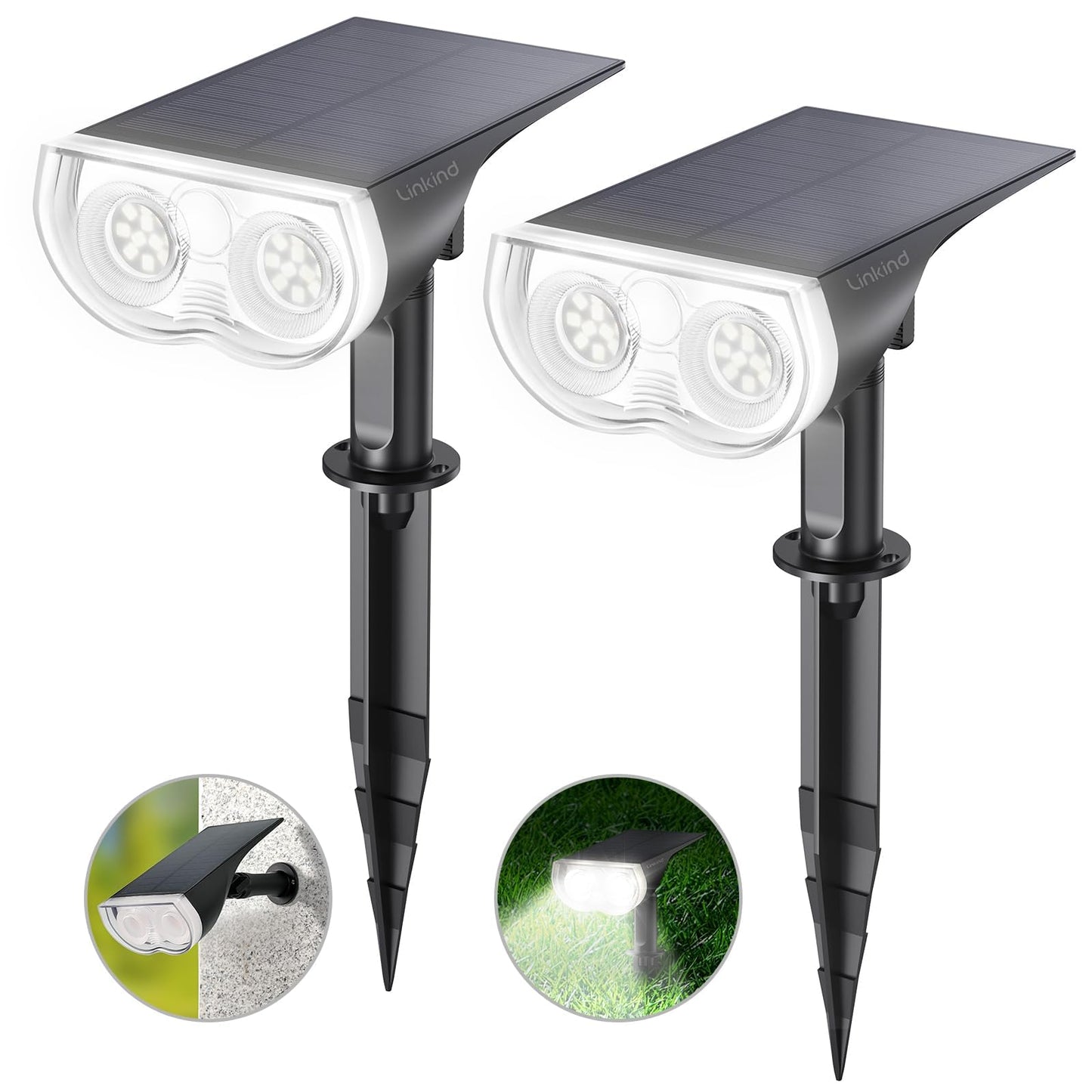 Linkind StarRay Solar Spot Lights Outdoor, IP67 Waterproof Dusk-to-Dawn Landscape Spotlights, 6500K Daylight Wall Lights for Garden Yard, Garden, Yard, (Cool White, 2 Pack)