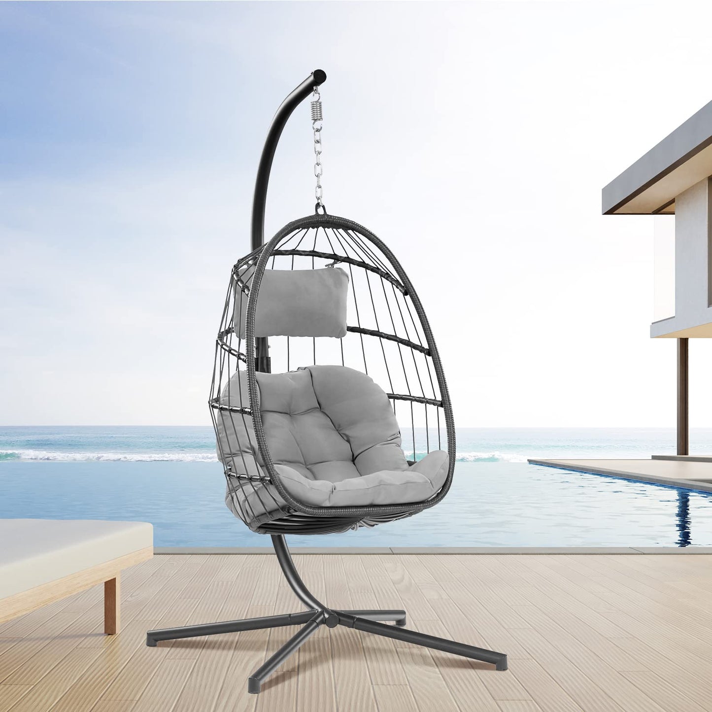 Egg Swing Chair with Stand Hanging Egg Chair Outdoor - Rattan Wicker Patio Hanging Basket Chair Hammock Chair with Aluminum Steel Frame and UV Resistant Cushion for Indoor Bedroom Balcony (Grey)