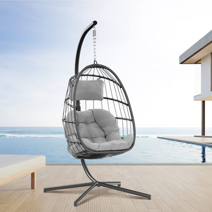 Egg Swing Chair with Stand Hanging Egg Chair Outdoor - Rattan Wicker Patio Hanging Basket Chair Hammock Chair with Aluminum Steel Frame and UV Resistant Cushion for Indoor Bedroom Balcony (Grey)