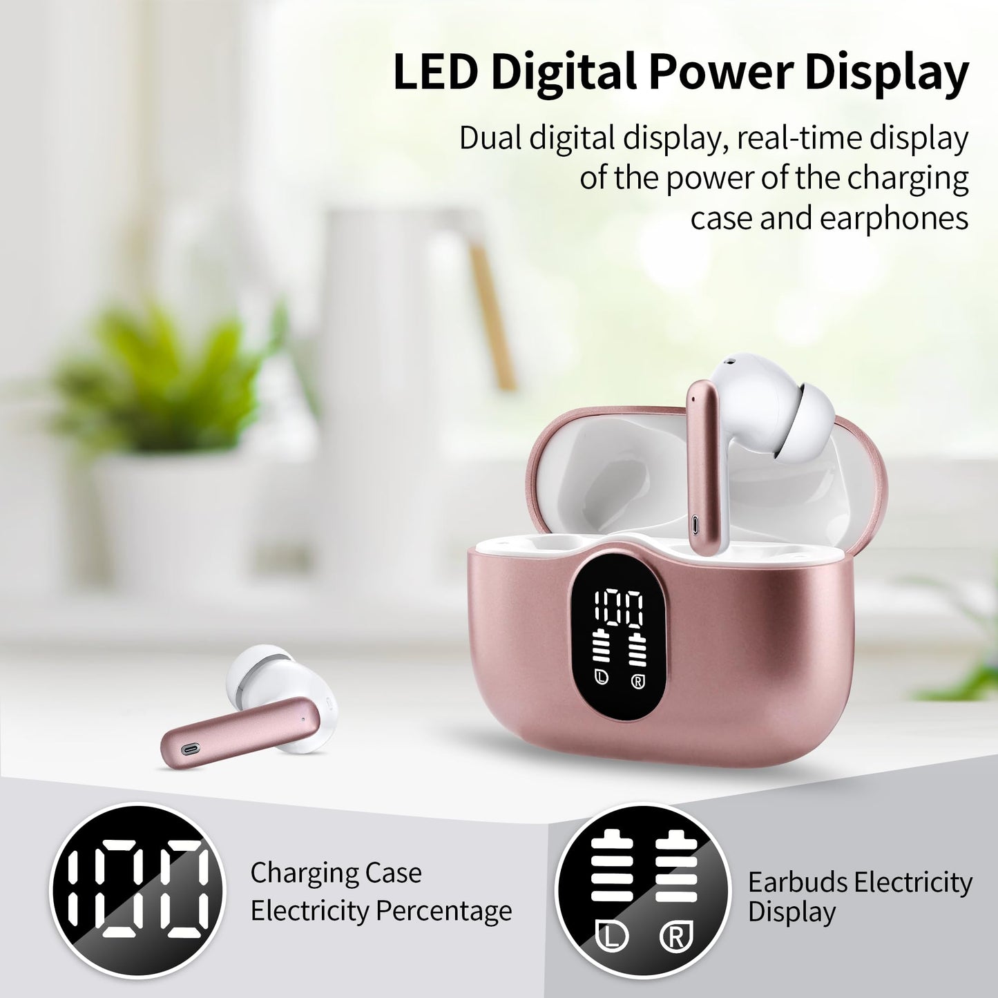 HISOOS Wireless Earbuds Bluetooth Headphones LED Power Display Earphones ANC Ear Buds with Charging Case Bluetooth 5.3 Hi-Fi Stereo for iPhone/Android,Valentine's Day Birthday Gifts (Rose Gold)