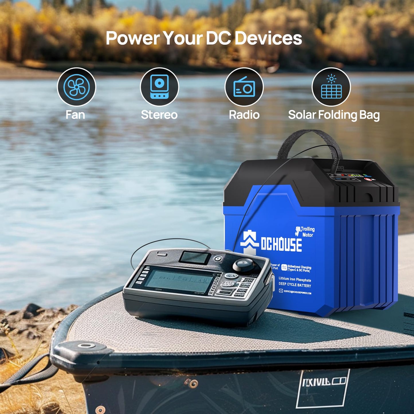 DC HOUSE 12V 100Ah Portable Lithium Battery, Upgraded 2.0 Lifepo4 Battery with SOC Light, Trolling Motor Marine Battery with USB-A, DC, USB-C Ports, Built-in 100A BMS, Up to 15000 Cycles