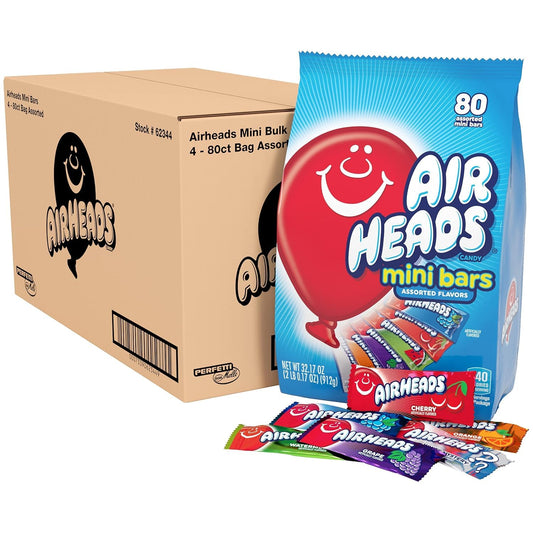 Airheads Candy Mini Bars, Assorted Fruit Flavors, Individually Wrapped, Non-Melting, Party, Pantry 80ct Bag, Box of 4 Bags