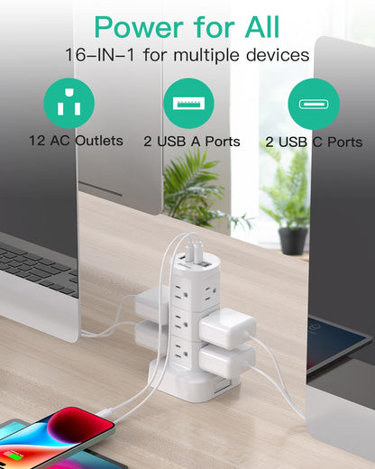 Power Strips with Surge Protection, Flat Plug Power Strip with 12 Outlets 4 USB Ports, Charging Station Tower 1875W/15A 1080J 6Ft Extension Cord with Multiple Outlets, Office Supplies, Dorm Essentials