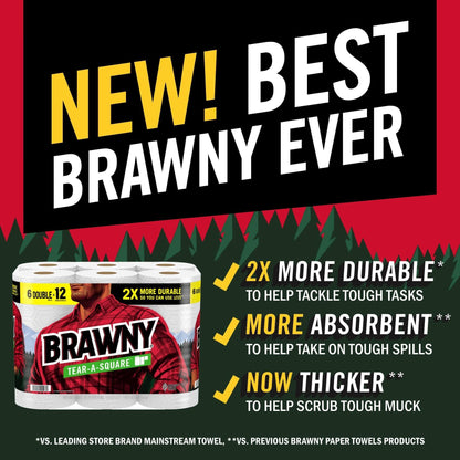 Brawny Tear-A-Square Paper Towels, 6 Double Rolls = 12 Regular Rolls, 3 Sheet Sizes (Quarter, Half, Full), Strength for All Messes, Cleanups, and Meal Prep