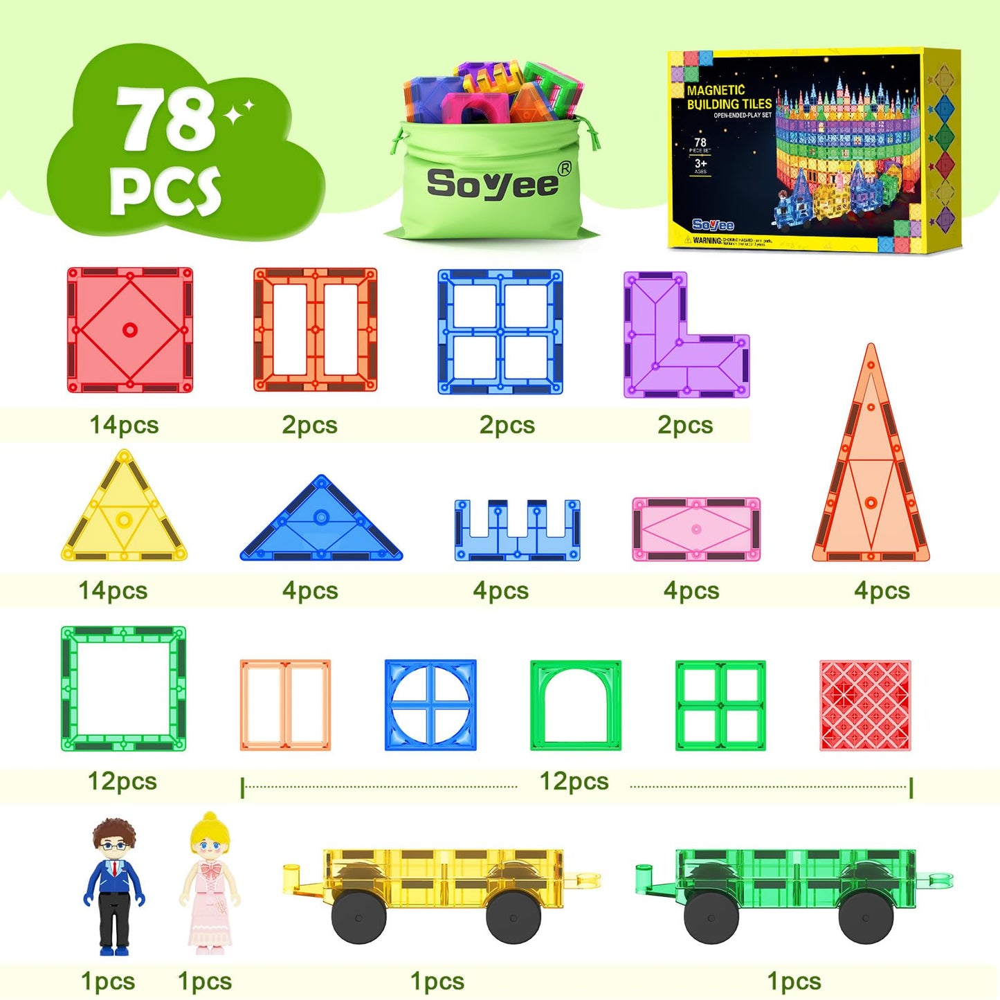 Magnetic Tiles with 2 Cars Kids Gifts Boys Toys for 3 Year Old Boys Educational Toys for Toddlers Kids Age 3-5 4-8 Car Train Building Toys