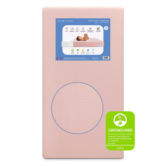 Delta Children Twinkle Stars Breathable Baby Bed Crib Mattress and Toddler Mattress with Removable/Machine Washable Cover - GREENGUARD Gold – Waterproof - Sustainably Sourced Core Fiber Core, Pink