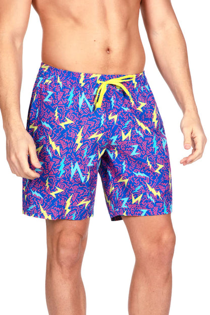 Tipsy Elves Men's Swim Trunks - 7 in Inseam 4-Way Stretch Fabric Compression & Mesh Liner Swimming Shorts for Men Bathing Suit - Neon Swim Shorts - Blue Grease Lightning Swim Trunks Size Medium