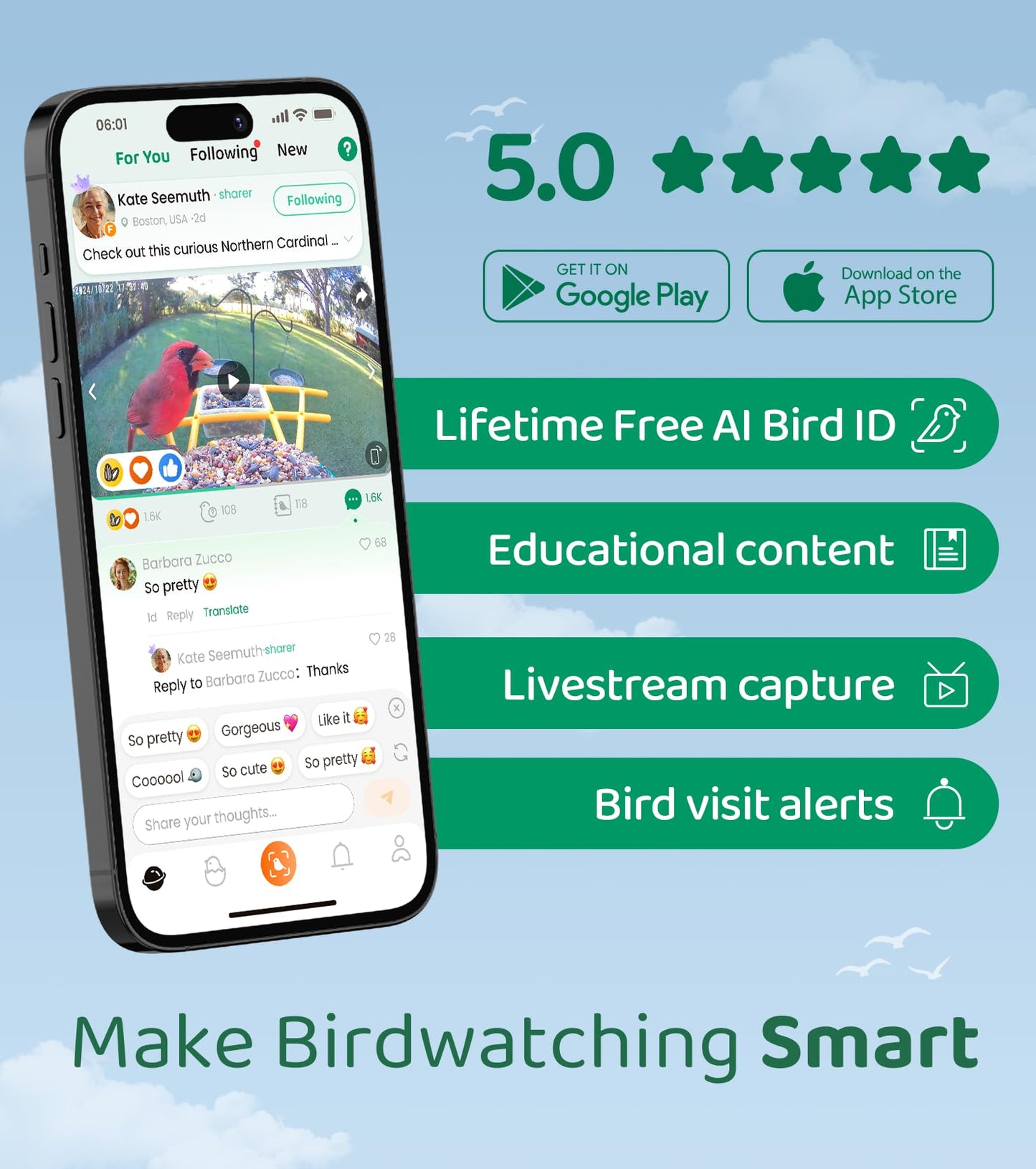 HIXX Smart Bird Feeder with Camera, Lifetime Free AI Bird Species Recognition, Solar-Powered Video Birds Feeder for Outdoors with HD Camera, Mounts Anywhere (Green)